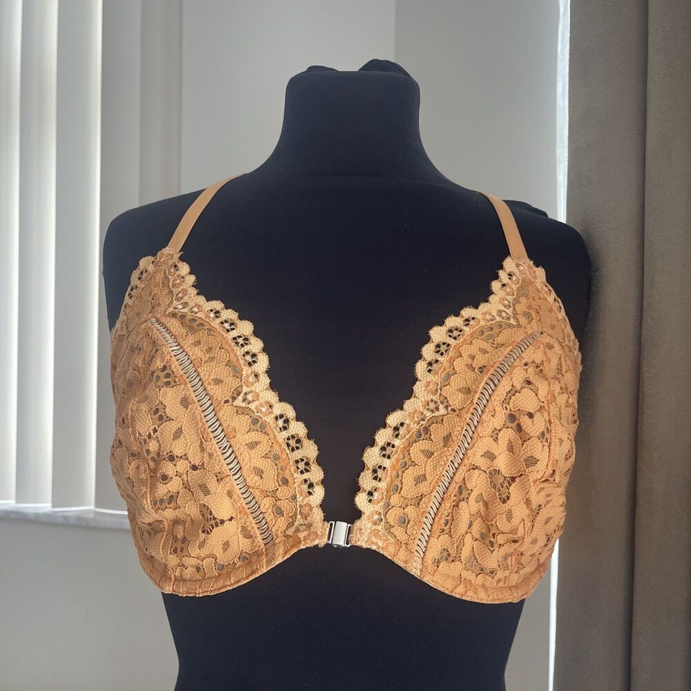 victoria secret Peach Orange Floral Lace Racerback Bralette Front Closure 36 DD